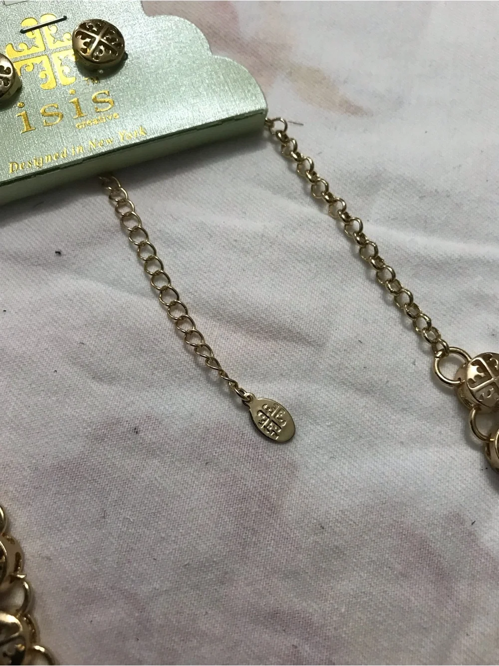 Isis Creative Gold Tone Brown Rhinestone Stud Earrings and Necklace Set 18”
